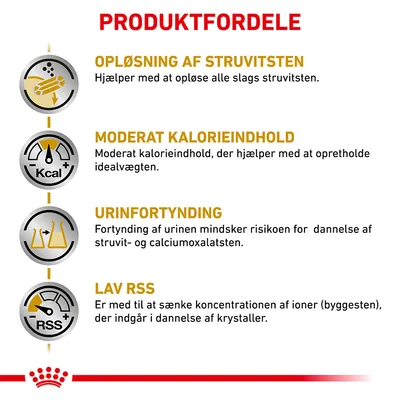 Produktfordele: opløsning af struvitsten, moderat kalorieindhold, urinfortynding og lav RSS. Beskrivelser om støtte til vægt, urinfortynding og krystaldannelse er synlige.