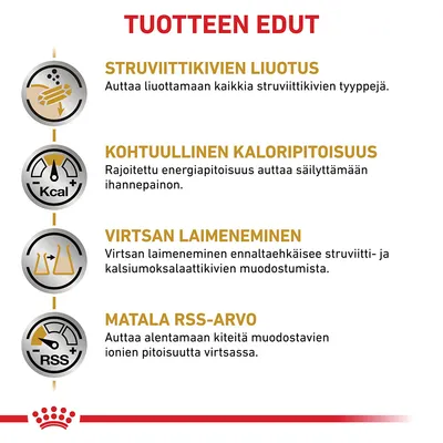 TUOTTEEN EDUT: struviittikivien liuotus, kohtuullinen kaloripitoisuus, virtsan laimeneminen, matala RSS-arvo. Selitykset jokaisen edun alla suomeksi.