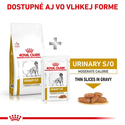 Royal Canin Urinary S/O Moderate Calorie pre psov, dostupné aj vo vlhkej forme. Balenie granúl a kapsička s nápisom Thin slices in gravy, obrázok krmiva v omáčke.