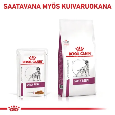 Royal Canin Veterinary Early Renal -koiranruoka, märkä- ja kuivaruokapakkaus. Teksti: SAATAVANA MYÖS KUIVARUOKANA.
