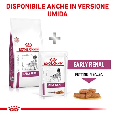 Royal Canin Veterinary Early Renal disponibile anche in versione umida. Confezione secca e bustina umida Early Renal, fettine in salsa visibili.
