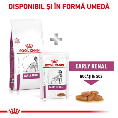 Royal Canin Veterinary Early Renal, disponibil și în formă umedă. Pachet cu hrană uscată și plic cu bucăți în sos, text vizibil: EARLY RENAL, BUCĂȚI ÎN SOS.