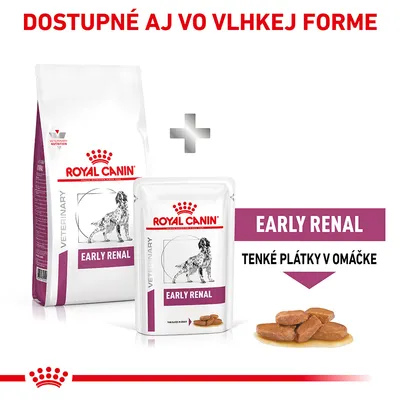 Royal Canin Early Renal suché a vlhké krmivo pre psov, tenké plátky v omáčke. Dostupné aj vo vlhkej forme. Na obale obrázok psa.