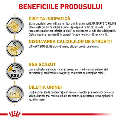Beneficiile produsului: cistită idiopatică, dizolvarea calculilor de struviți, RSS scăzut, diluția urinei. Text explicativ pentru fiecare beneficiu vizibil în imagine.