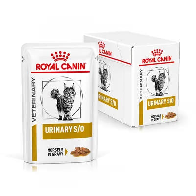 Royal Canin Veterinary URINARY S/O Morsels in Gravy kattefoder, synlig pose og æske med billede af kat og tekst på engelsk.