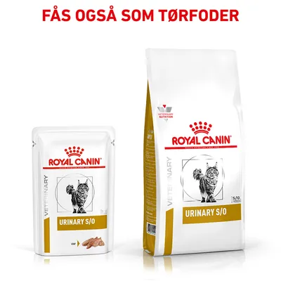 Royal Canin Urinary S/O kattefoder, vådfoder og tørfoder vist. Tekst øverst: Fås også som tørfoder. Begge pakker viser en kat og produktnavnet URINARY S/O.
