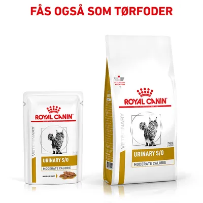 Royal Canin Urinary S/O Moderate Calorie kattefoder, vådfoder og tørfoder. Tekst øverst: Fås også som tørfoder.