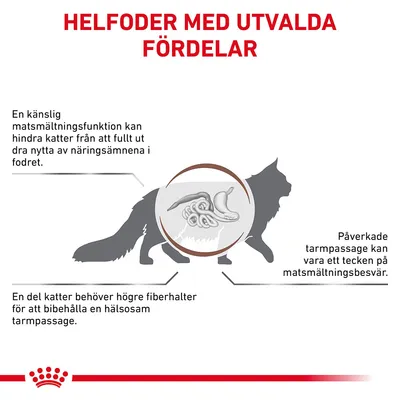 Helfoder med utvalda fördelar. Känslig matsmältning kan hindra näringsupptag, påverkad tarmpassage kan tyda på besvär, vissa katter behöver högre fiberhalter för hälsosam tarmfunktion.