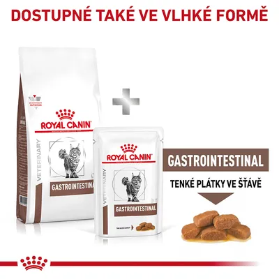 ROYAL CANIN GASTROINTESTINAL pro kočky, dostupné také ve vlhké formě. Tenké plátky ve šťávě zobrazené vedle balení granulí a kapsičky.