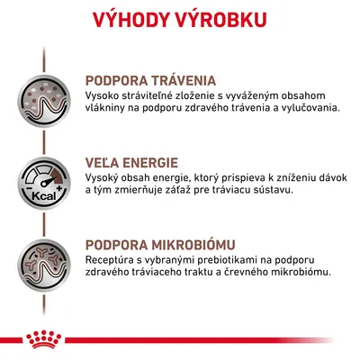 Výhody výrobku: podpora trávenia, veľa energie, podpora mikrobiómu. Text o vysoko stráviteľnom zložení, vysokom obsahu energie a prebiotikách na podporu tráviaceho traktu.