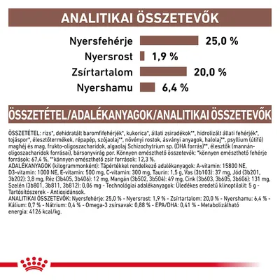 Analitikai összetevők: nyersfehérje 25,0 %, nyersrost 1,9 %, zsírtartalom 20,0 %, nyershamu 6,4 %. Összetevők és adalékanyagok részletes felsorolása látható.