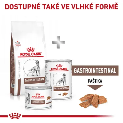 Royal Canin Veterinary Gastrointestinal suché a vlhké krmivo, konzervy a paštika pro psy. Text: Dostupné také ve vlhké formě, GASTROINTESTINAL, PAŠTIKA.