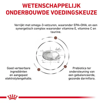 Wetenschappelijk onderbouwde voedingskeuze: verrijkt met omega-3-vetzuren (EPA+DHA), vitamine E, C en taurine. Goed verteerbare ingrediënten, aangepast elektrolytengehalte, prebiotica.