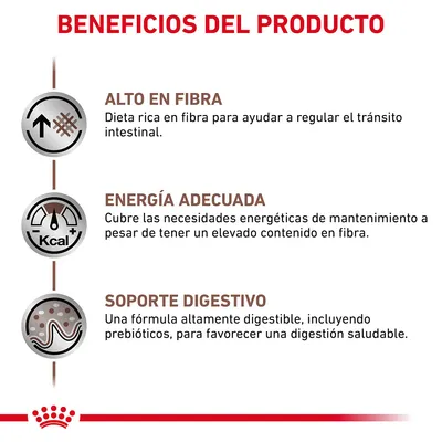 Beneficios del producto: alto en fibra, energía adecuada y soporte digestivo. Texto explica dieta rica en fibra, necesidades energéticas y fórmula digestible con prebióticos.