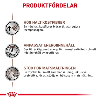 Produktfördelar: hög halt kostfibrer för reglerad tarm, anpassat energiinnehåll för normal aktivitet, stöd för matsmältningen med lättsmält sammansättning och prebiotika.