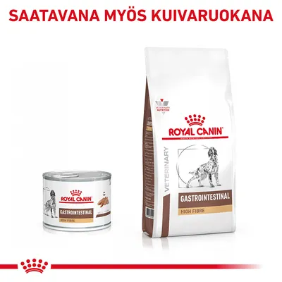 Royal Canin Gastrointestinal High Fibre -koiranruoka, märkä- ja kuivaruokapakkaus. Teksti: SAATAVANA MYÖS KUIVARUOKANA.