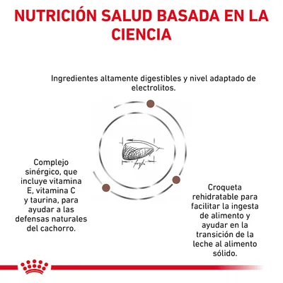 NUTRICIÓN SALUD BASADA EN LA CIENCIA. Ingredientes altamente digestibles y nivel adaptado de electrolitos. Complejo sinérgico con vitamina E, C y taurina. Croqueta rehidratable para facilitar la ingesta.