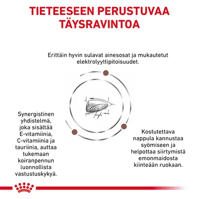 Tieteeseen perustuvaa täysravintoa. Erittäin hyvin sulavat ainesosat, mukautetut elektrolyyttipitoisuudet, E- ja C-vitamiini, tauriini, kostutettava nappula pennuille.