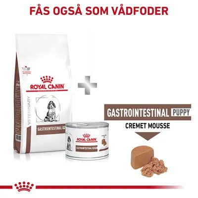 Royal Canin Gastrointestinal Puppy tørfoder og vådfoder. Tekst: Fås også som vådfoder, Gastrointestinal Puppy cremet mousse. Billede af foderpose, dåse og vådfoder.