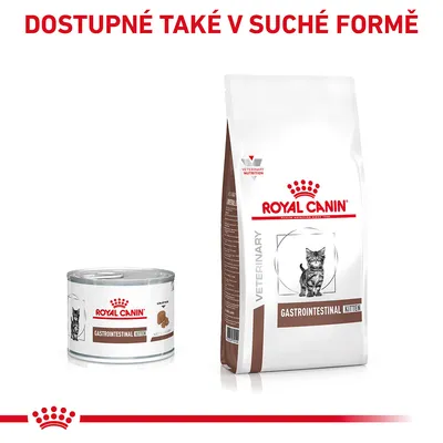 ROYAL CANIN GASTROINTESTINAL KITTEN konzerva a suché krmivo pro koťata, nápis: Dostupné také v suché formě