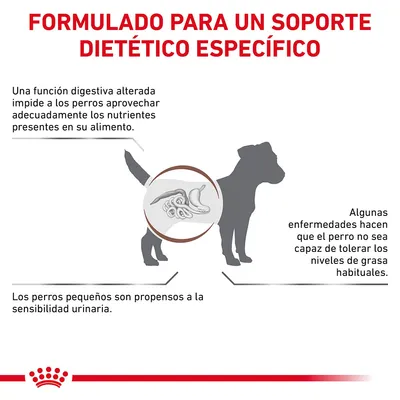 Formulado para un soporte dietético específico. Una función digestiva alterada impide aprovechar nutrientes. Algunas enfermedades dificultan tolerar grasa. Perros pequeños, sensibilidad urinaria. Formulado para un soporte dietético específico. Una función digestiva alterada impide aprovechar nutrientes. Algunas enfermedades dificultan tolerar grasa. Perros pequeños, sensibilidad urinaria.