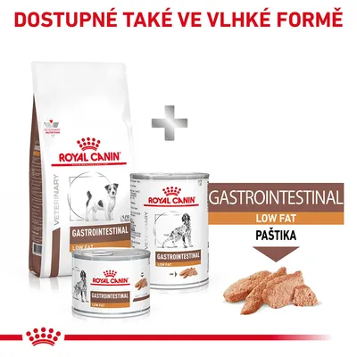 Royal Canin Gastrointestinal Low Fat suché a vlhké krmivo pro psy, nápis: Dostupné také ve vlhké formě, paštika zobrazená vedle konzervy.