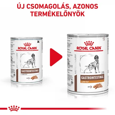 Royal Canin Gastrointestinal Low Fat kutyakonzerv régi és új csomagolása, felül: Új csomagolás, azonos termékelőnyök