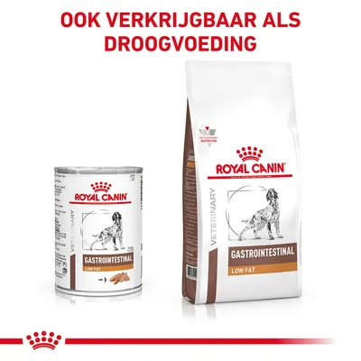 Royal Canin Gastrointestinal Low Fat natvoer en droogvoer voor honden, tekst: ook verkrijgbaar als droogvoeding. Beide verpakkingen tonen een hond en productnaam.