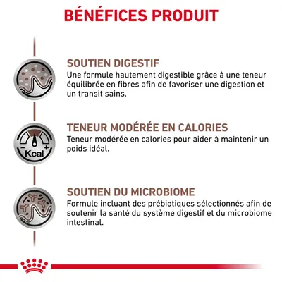 Bénéfices produit : soutien digestif, teneur modérée en calories, soutien du microbiome. Textes détaillant chaque bénéfice visibles sur l’image.