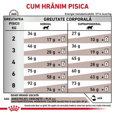 Tabel de hrănire pentru pisici: greutatea 2–8 kg, doze zilnice recomandate pentru pisici normale și supraponderale, opțiuni hrană uscată sau amestec cu plic Gastrointestinal Moderate Calorie.