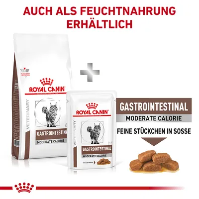 Royal Canin Gastrointestinal Moderate Calorie für Katzen, erhältlich als Trocken- und Feuchtnahrung. Feine Stückchen in Sosse.
