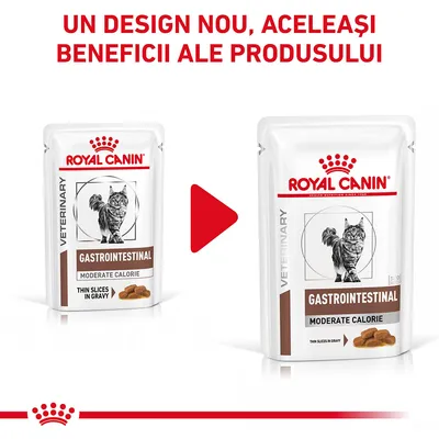 Royal Canin Gastrointestinal Moderate Calorie pentru pisici, plic vechi și nou. Text: Un design nou, aceleași beneficii ale produsului.