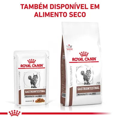 Royal Canin Gastrointestinal Moderate Calorie para gatos, embalagem húmida e seca. Texto visível: 'TAMBÉM DISPONÍVEL EM ALIMENTO SECO'.