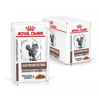 Royal Canin Veterinary Gastrointestinal Moderate Calorie, dünne Stücke in Sosse. Verpackung mit Katzenabbildung.