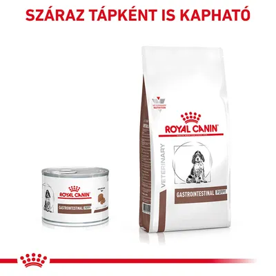 Royal Canin Gastrointestinal Puppy konzerv és száraz táp csomagolás, felül: SZÁRAZ TÁPKÉNT IS KAPHATÓ