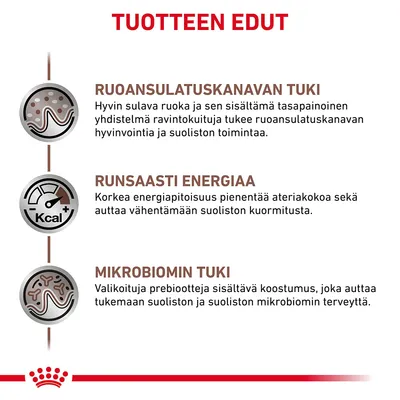 TUOTTEEN EDUT: ruoansulatuskanavan tuki, runsaasti energiaa, mikrobiomin tuki. Tekstit kuvaavat ravintokuitujen, energiapitoisuuden ja prebioottien hyötyjä suoliston hyvinvoinnille.