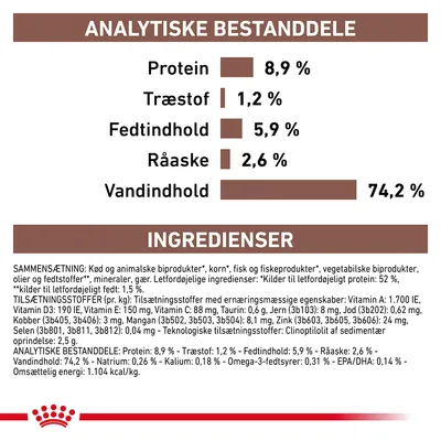 Analytiske bestanddele: protein 8,9 %, træstof 1,2 %, fedtindhold 5,9 %, råaske 2,6 %, vandindhold 74,2 %. Ingredienser og tilsætningsstoffer vises i detaljeret tekst.