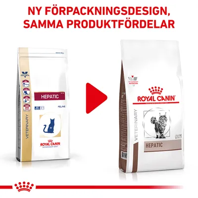 Royal Canin Hepatic kattfoder, bild på gammal och ny förpackning. Text: Ny förpackningsdesign, samma produktfördelar.
