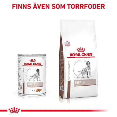 Royal Canin Veterinary Hepatic våtfoderburk och torrfodersäck för hund. Text: Finns även som torrfoder.