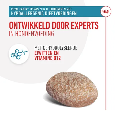 Royal Canin hypoallergeen dieetvoeding, ontwikkeld door experts in hondenvoeding. Met gehydrolyseerde eiwitten en vitamine B12. Afbeelding van een hondenbrok.