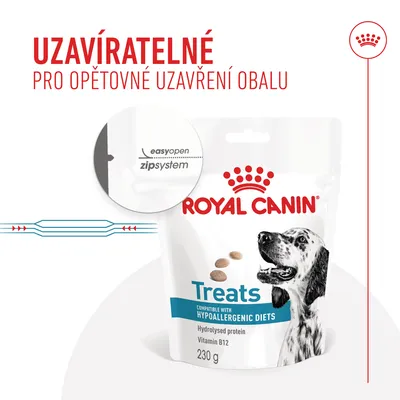 ROYAL CANIN Treats 230 g, uzavíratelný obal s easyopen zipsystem. Text: UZAVÍRATELNÉ PRO OPĚTOVNÉ UZAVŘENÍ OBALU. Compatible with hypoallergenic diets, hydrolysed protein, vitamin B12.