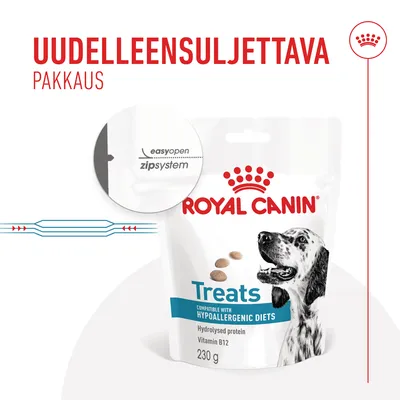Uudelleensuljettava pakkaus. Royal Canin Treats, compatible with hypoallergenic diets, hydrolysed protein, vitamin B12, 230 g. easyopen zipsystem.