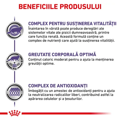 Beneficiile produsului: complex pentru susținerea vitalității, greutate corporală optimă, complex de antioxidanți. Text explicativ pentru fiecare beneficiu este inclus în imagine.