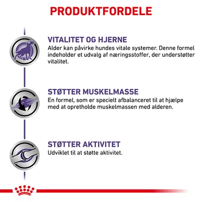 PRODUKTFORDELE: Vitalitet og hjerne – understøtter vitale systemer. Støtter muskelmasse – hjælper med at opretholde muskelmassen. Støtter aktivitet – udviklet til at støtte aktivitet.