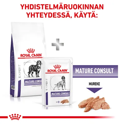 Royal Canin Expert Mature Consult -kuivaruoka ja märkäruoka, pakkauksissa koirakuva. Teksti: Yhdistelmäruokinnan yhteydessä, käytä: Mature Consult Mureke.