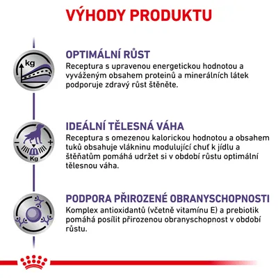Výhody produktu: optimální růst, ideální tělesná váha, podpora přirozené obranyschopnosti. Text popisuje úpravu energetické hodnoty, obsah vlákniny a antioxidantů.
