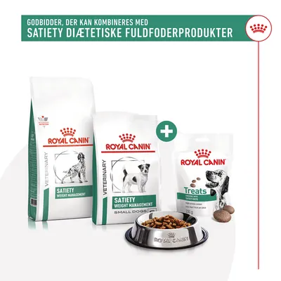Royal Canin Veterinary Satiety Weight Management foder til hunde, Satiety Small Dogs og Treats. Tekst: Godbidder, der kan kombineres med Satiety diætetiske fuldfoderprodukter.