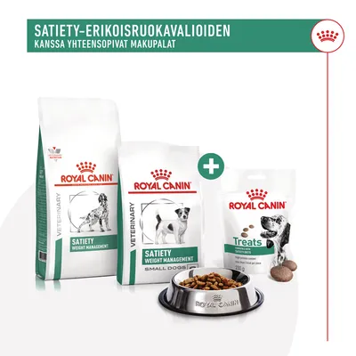 Royal Canin Satiety Weight Management -koiranruokapussit, Treats-makupalapussi ja ruokakuppi. Teksti: Satiety-erikoisruokavalioiden kanssa yhteensopivat makupalat.
