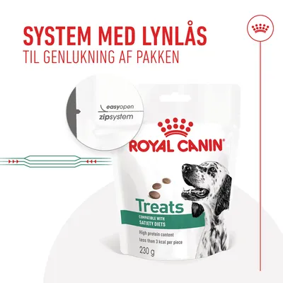 Royal Canin Treats 230 g med lynlåslukning. Tekst: SYSTEM MED LYNÅS TIL GENLUKNING AF PAKKEN, easyopen zipsystem, high protein content less than 3 kcal per piece.