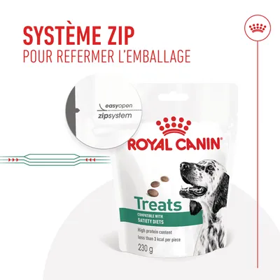Système zip pour refermer l’emballage. easyopen zipsystem. Royal Canin Treats, compatible with satiety diets, high protein content, less than 3 kcal per piece, 230 g.